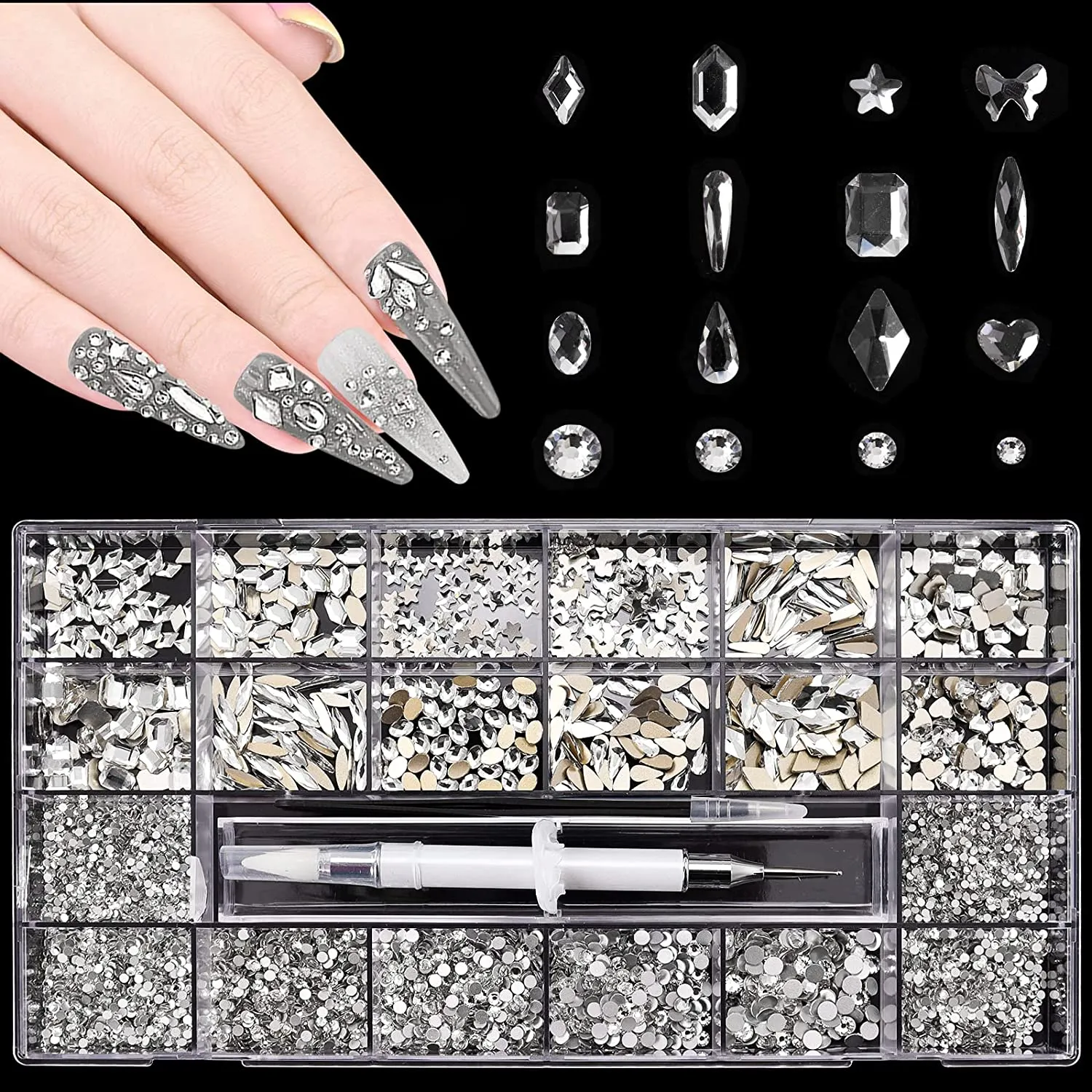 5612Pcs White Crystal Nail Rhinestones Set, Multi-Shape 3D Diamond Glass Crystal Flat Bottom, for Nail Art DIY Crafts Phones Clothes Jewelry Bag Decoration, Professional Drill Pen and Tweezers