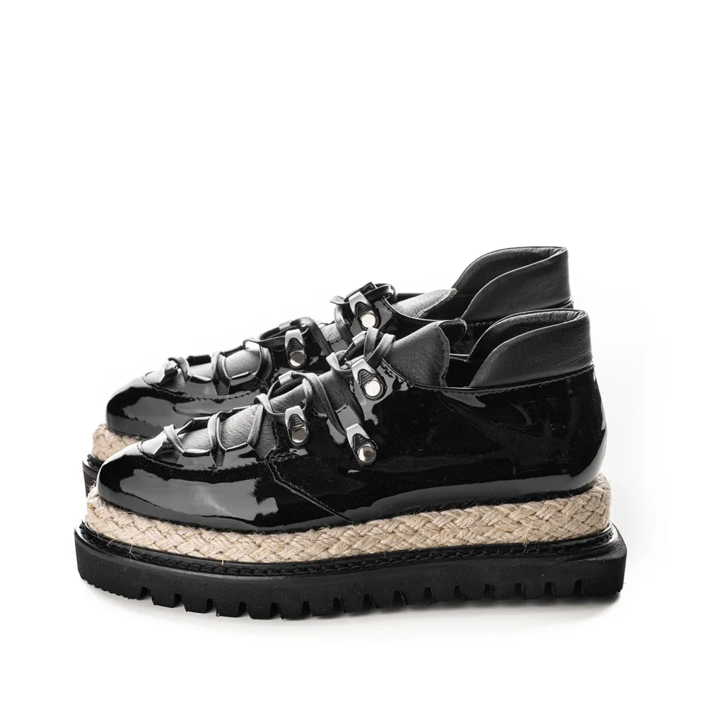 Acid Cloud black patent leather flat platform shoes