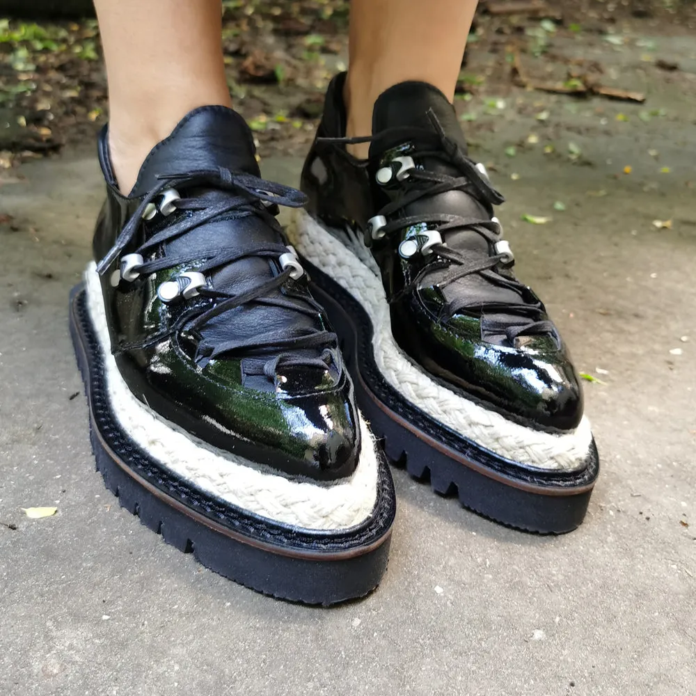 Acid Cloud black patent leather flat platform shoes