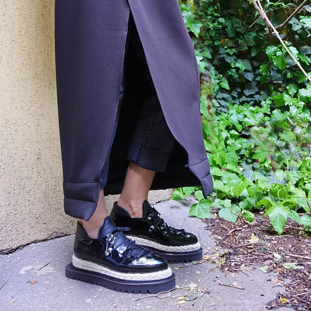 Acid Cloud black patent leather flat platform shoes