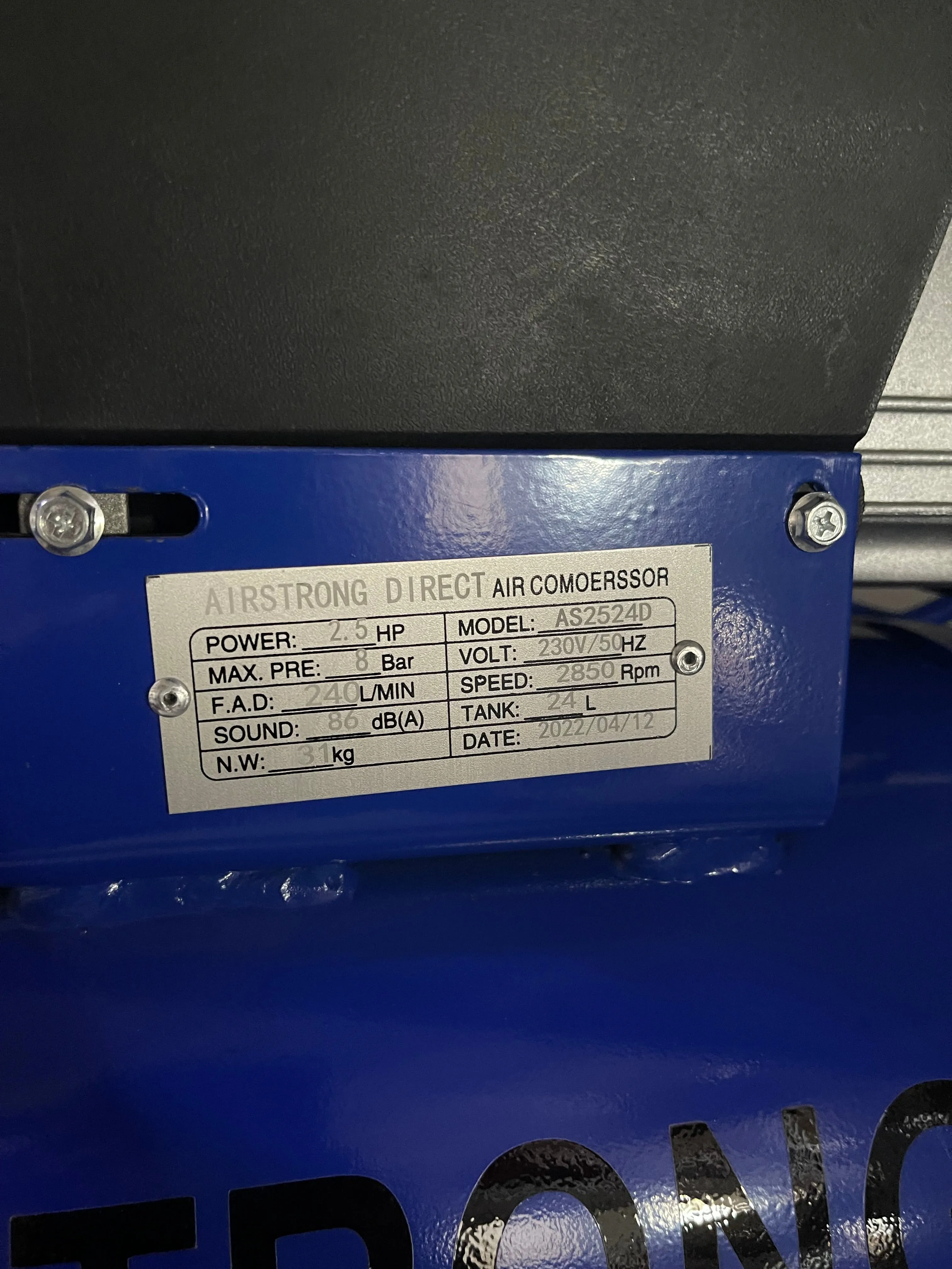 Airstrong 2.5HP 24L 230V (ASME) Direct Air Compressor | Model : AS2524D-ASME
