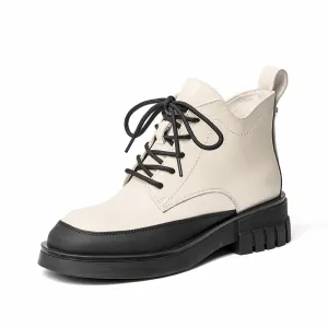 BeauToday Women Calfskin Round Toe Lace-Up Ankle Boots