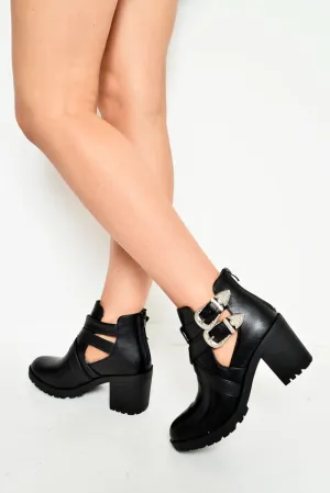 Black PU Cut Out Buckle Ankle Boots - Gracelin