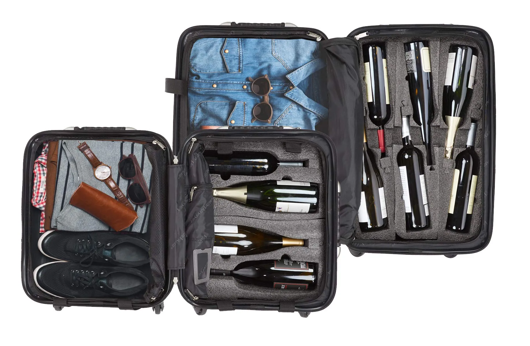 Bundle - 2 items: VinGardeValise Wine Travel Suitcase 12 & 8-bottle - With Personalized Luggage Nameplates - Grande 05 and Petite 03, Black
