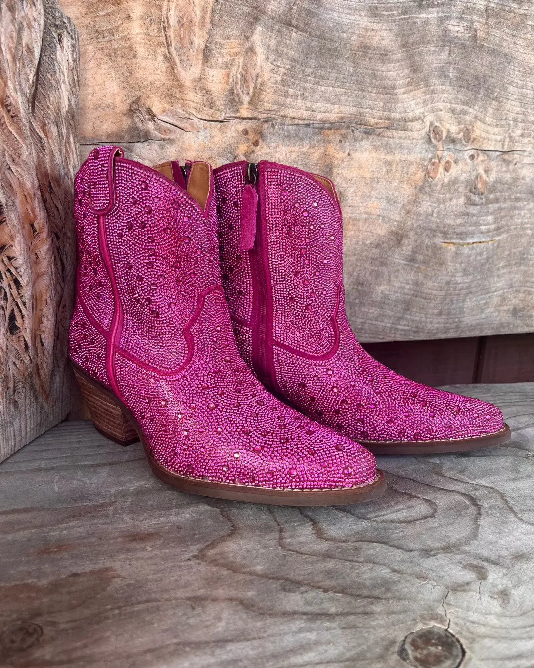 Dingo Women's Fuchsia Rhinestone Cowgirl Ankle Booties DI577-PNK