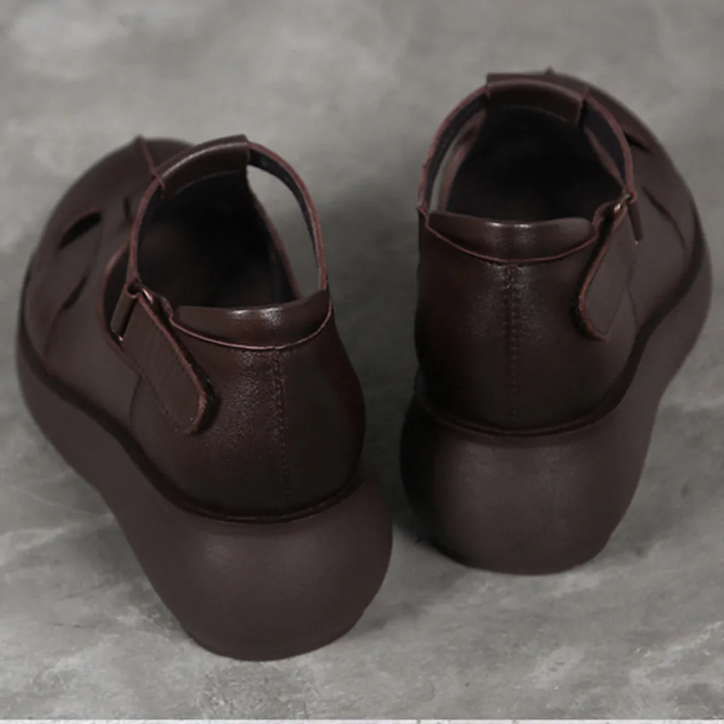 Handmade Retro Leather  T-strap Wedge Sandals