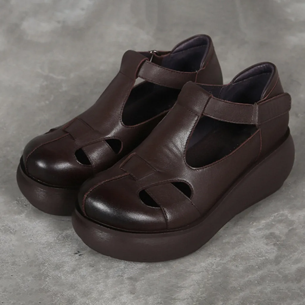 Handmade Retro Leather  T-strap Wedge Sandals