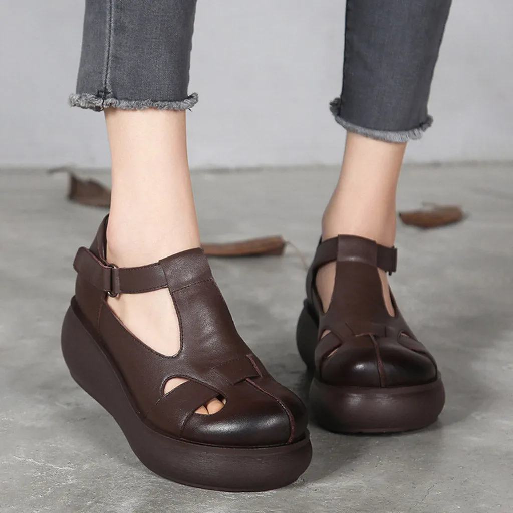 Handmade Retro Leather  T-strap Wedge Sandals