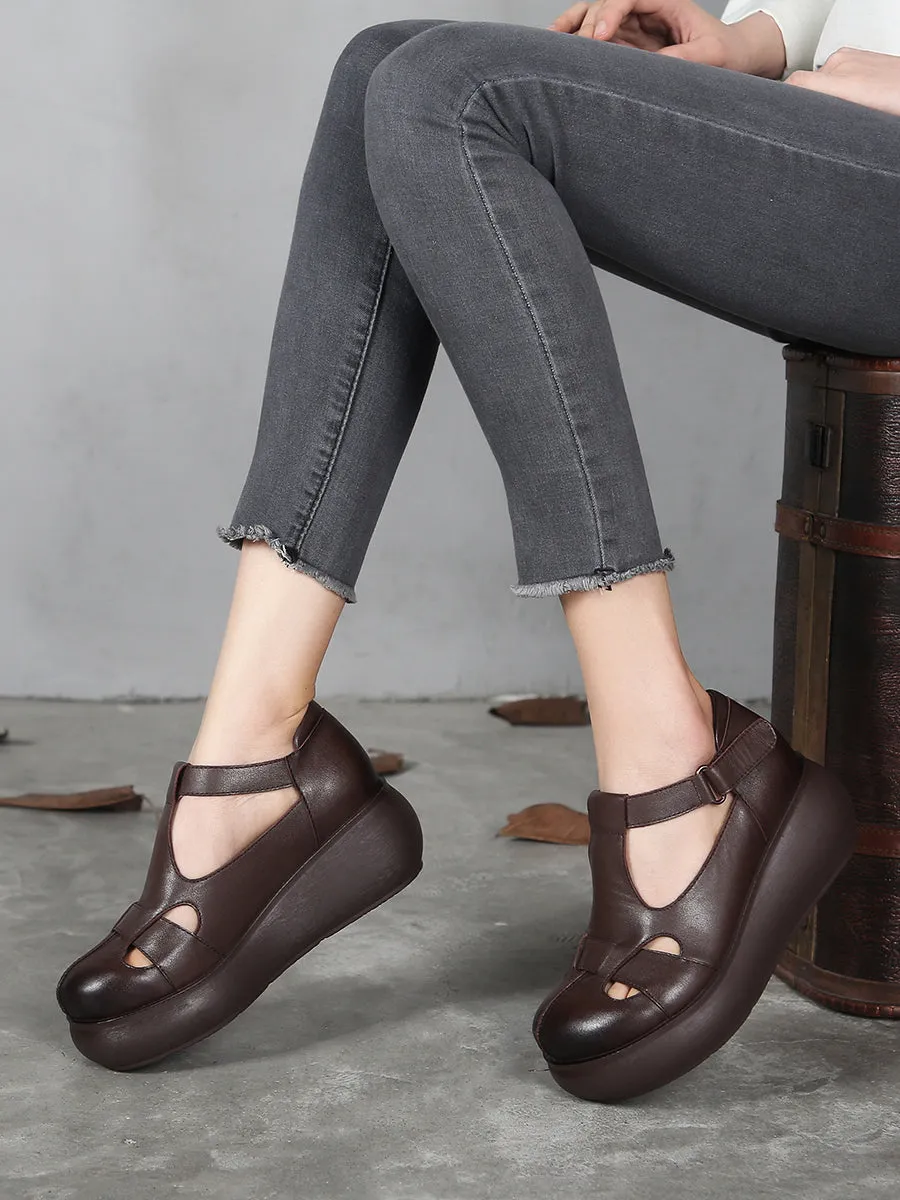 Handmade Retro Leather  T-strap Wedge Sandals
