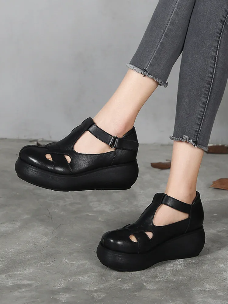 Handmade Retro Leather  T-strap Wedge Sandals