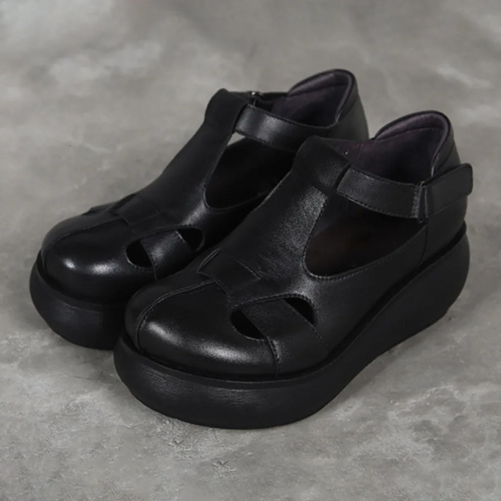 Handmade Retro Leather  T-strap Wedge Sandals