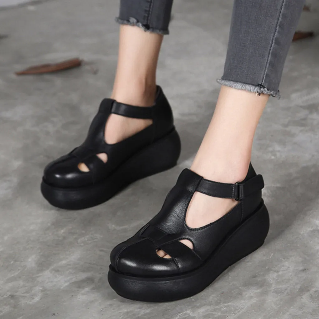 Handmade Retro Leather  T-strap Wedge Sandals