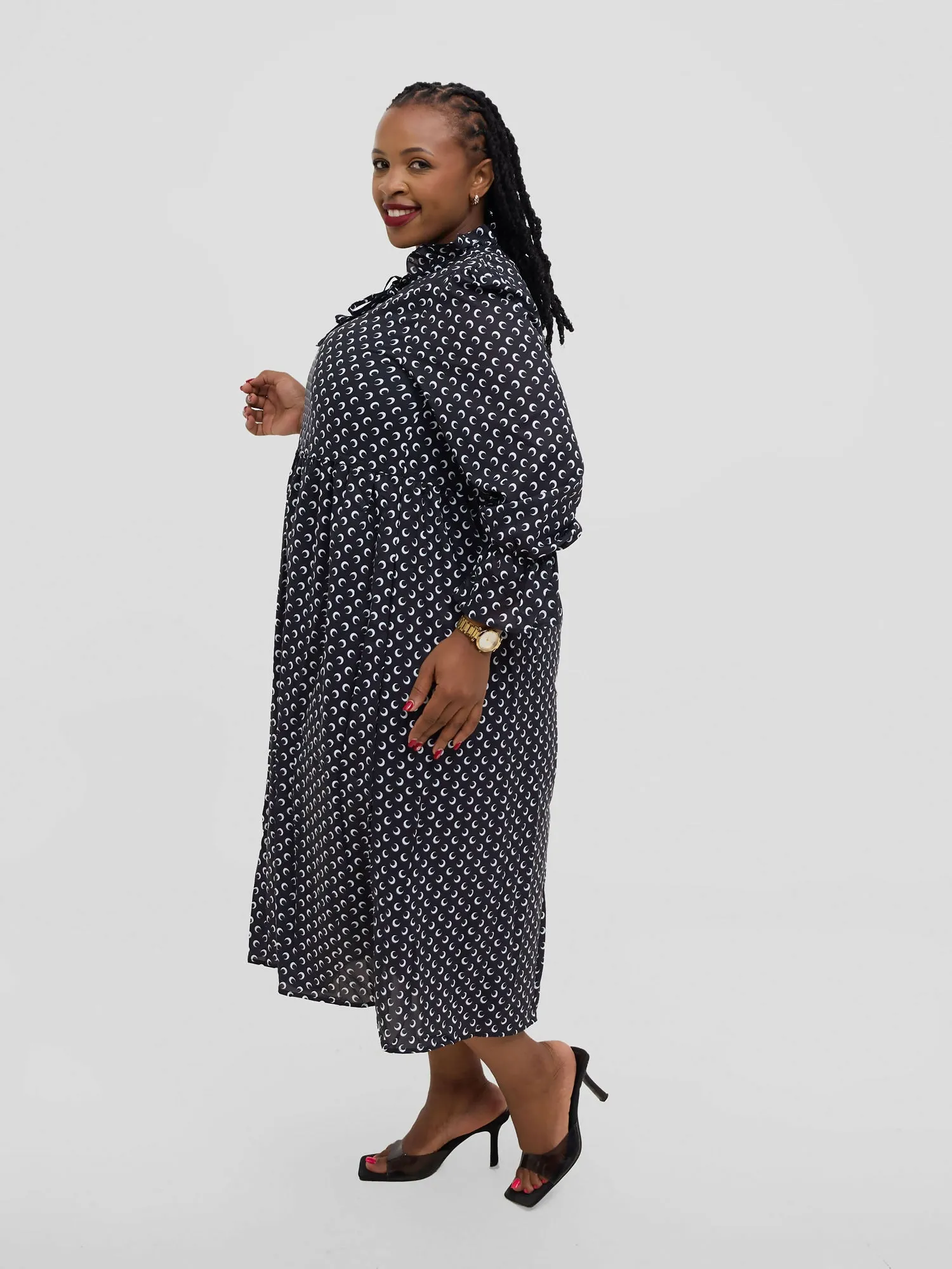 Hessed Polka Dot Ruffle Flare Sleeve Beled Chiffon Dress - Black
