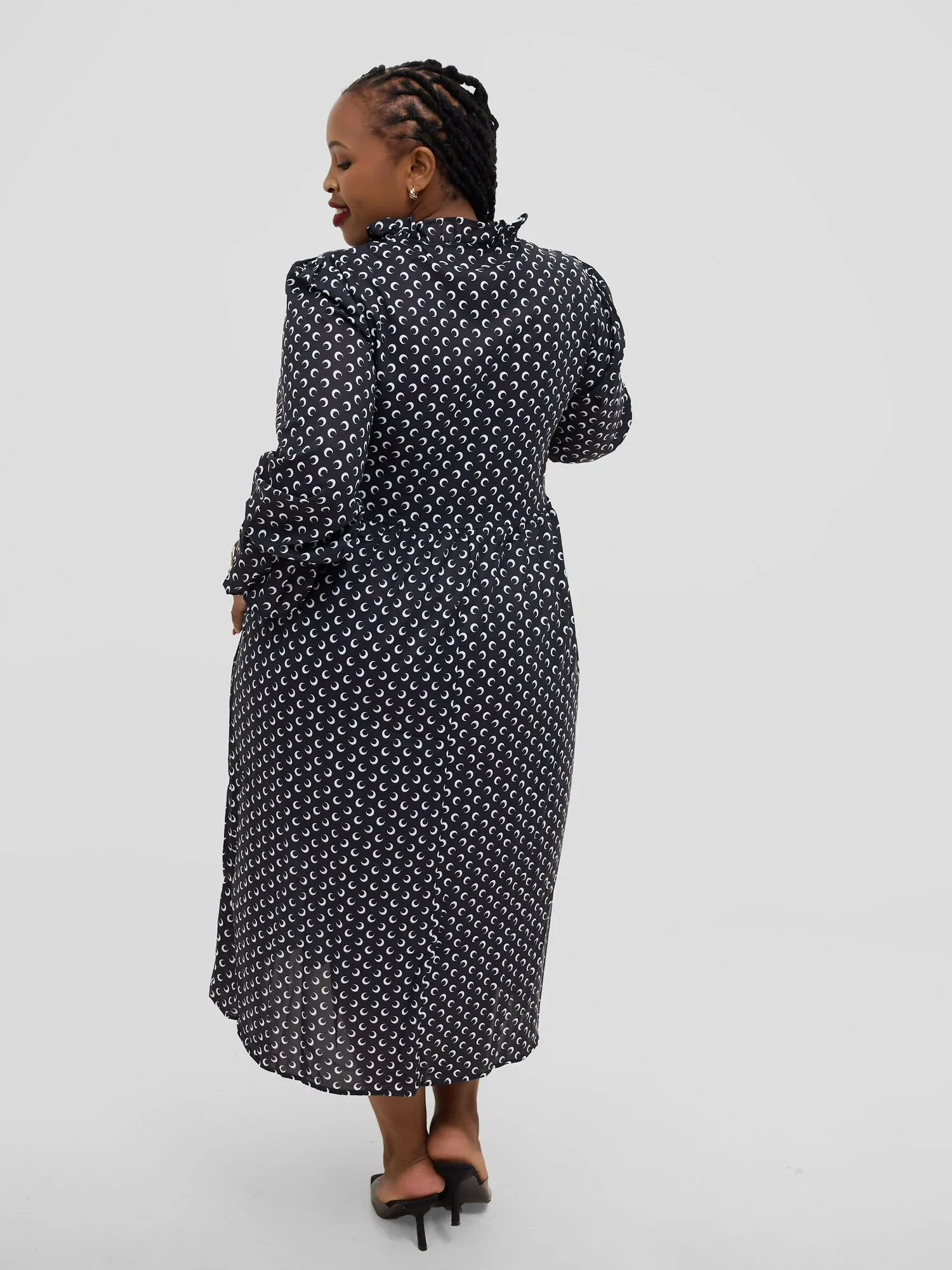 Hessed Polka Dot Ruffle Flare Sleeve Beled Chiffon Dress - Black