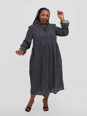 Hessed Polka Dot Ruffle Flare Sleeve Beled Chiffon Dress - Black