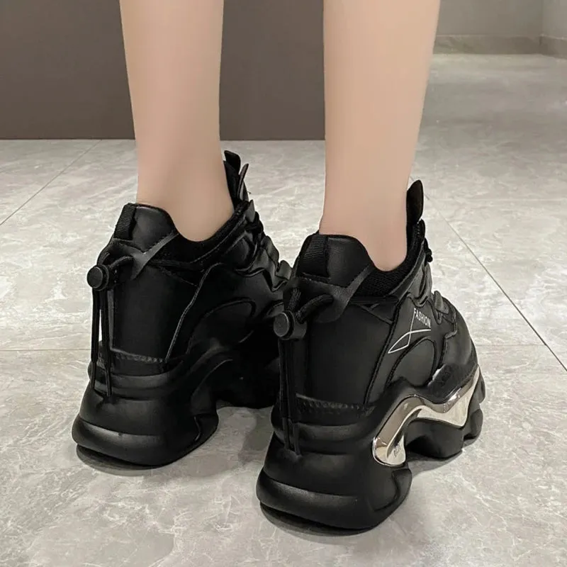 Hnzxzm Hidden Heels White Sneakers for Women Spring Chunky Platform Women's Sports Shoes Fashion Thick Bottom PU Leather Sneakers