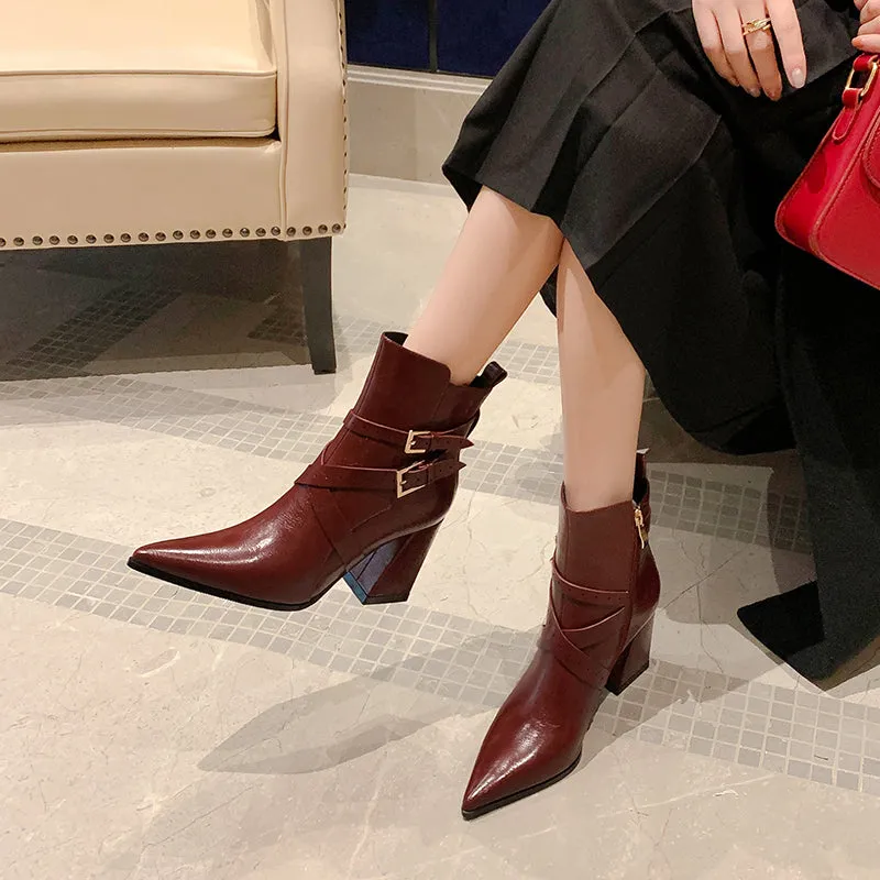 Joy Block Heel Burgundy Boots Womens