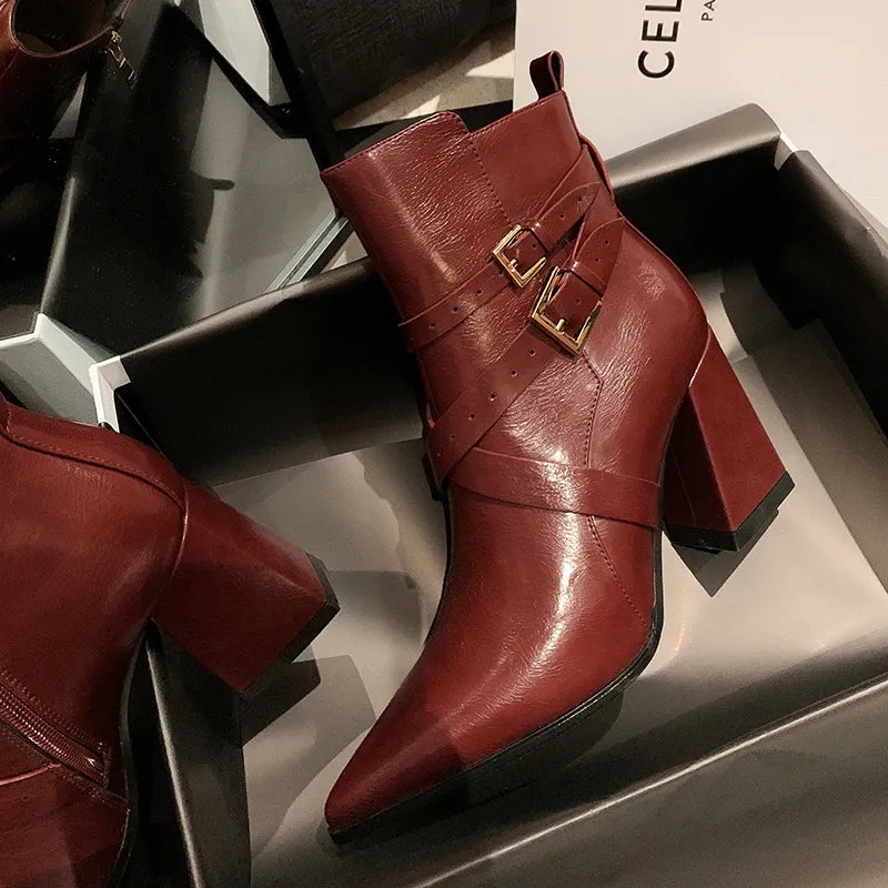 Joy Block Heel Burgundy Boots Womens