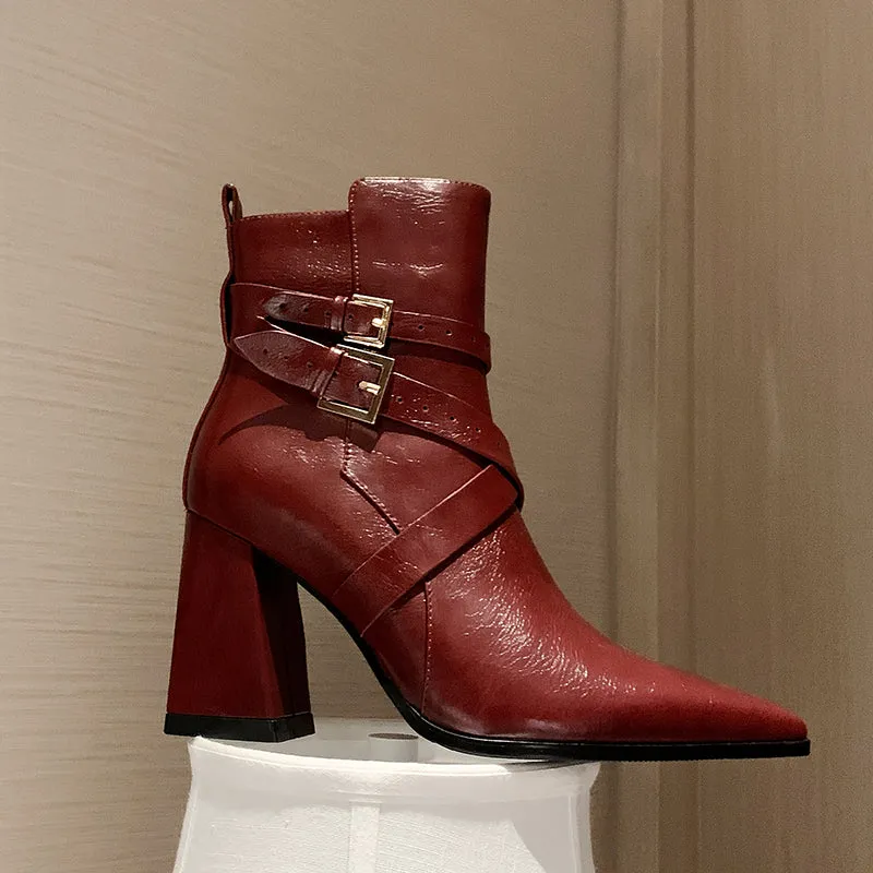 Joy Block Heel Burgundy Boots Womens