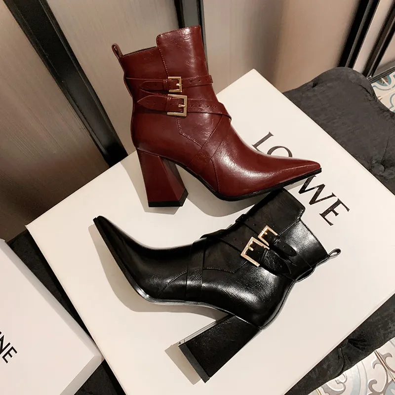 Joy Block Heel Burgundy Boots Womens