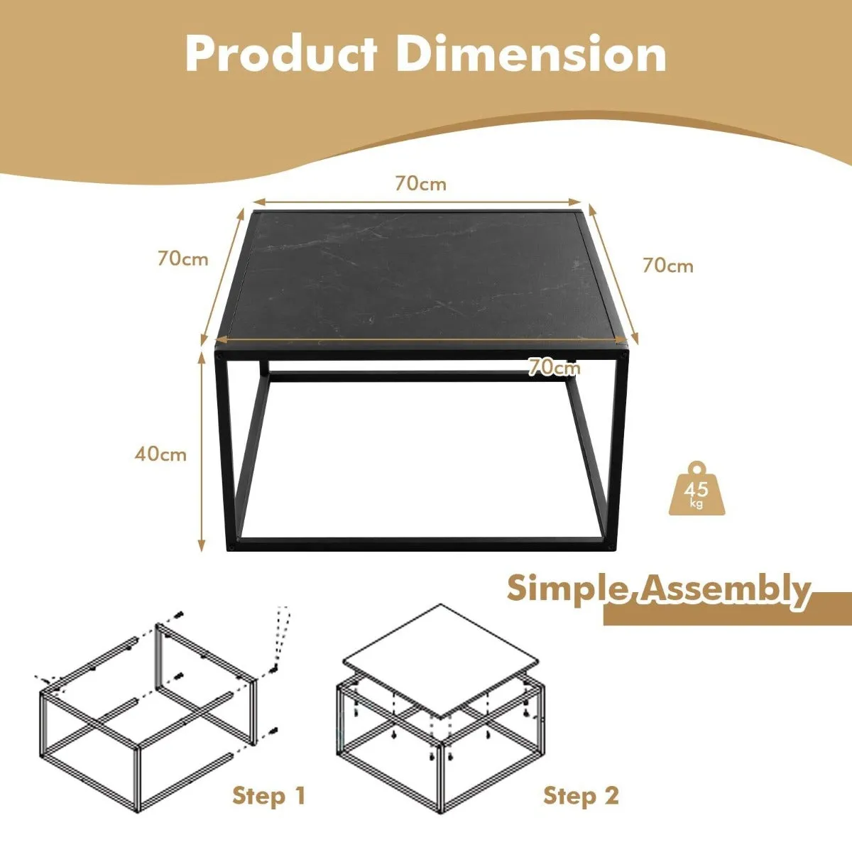 NNECW Modern Square Leisure Coffee Table  with Faux Marble Tabletop-Black