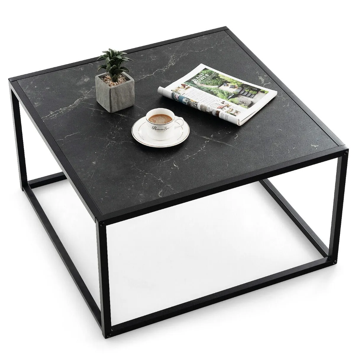 NNECW Modern Square Leisure Coffee Table  with Faux Marble Tabletop-Black