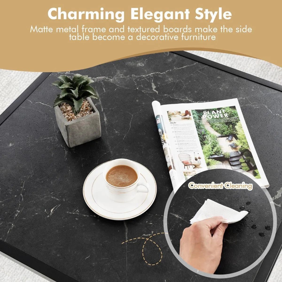 NNECW Modern Square Leisure Coffee Table  with Faux Marble Tabletop-Black
