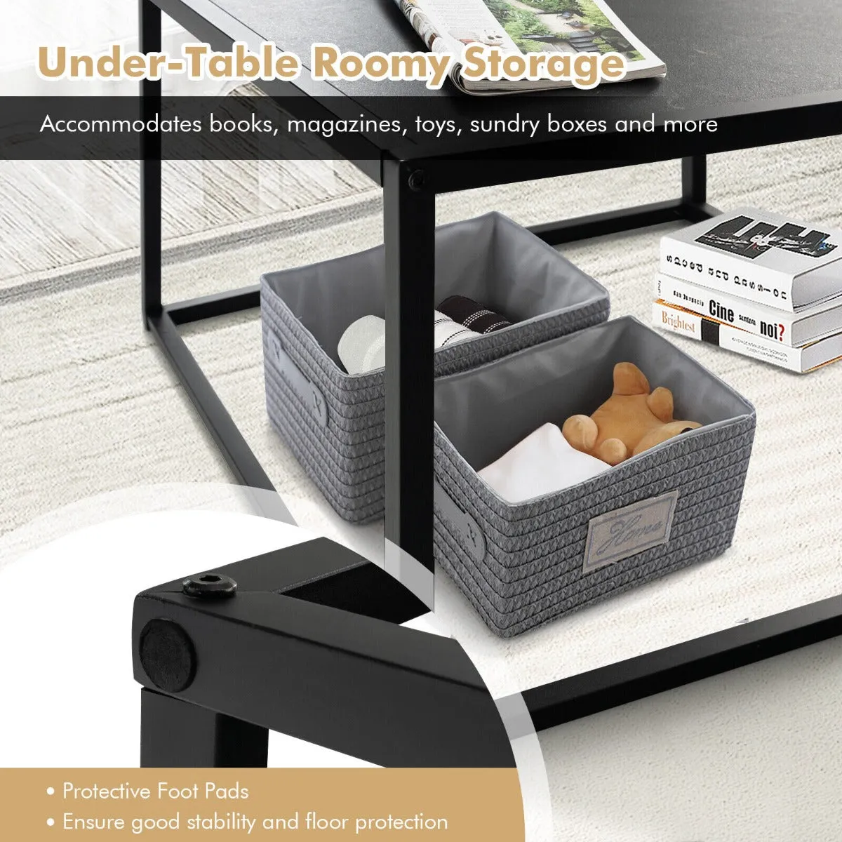 NNECW Modern Square Leisure Coffee Table  with Faux Marble Tabletop-Black
