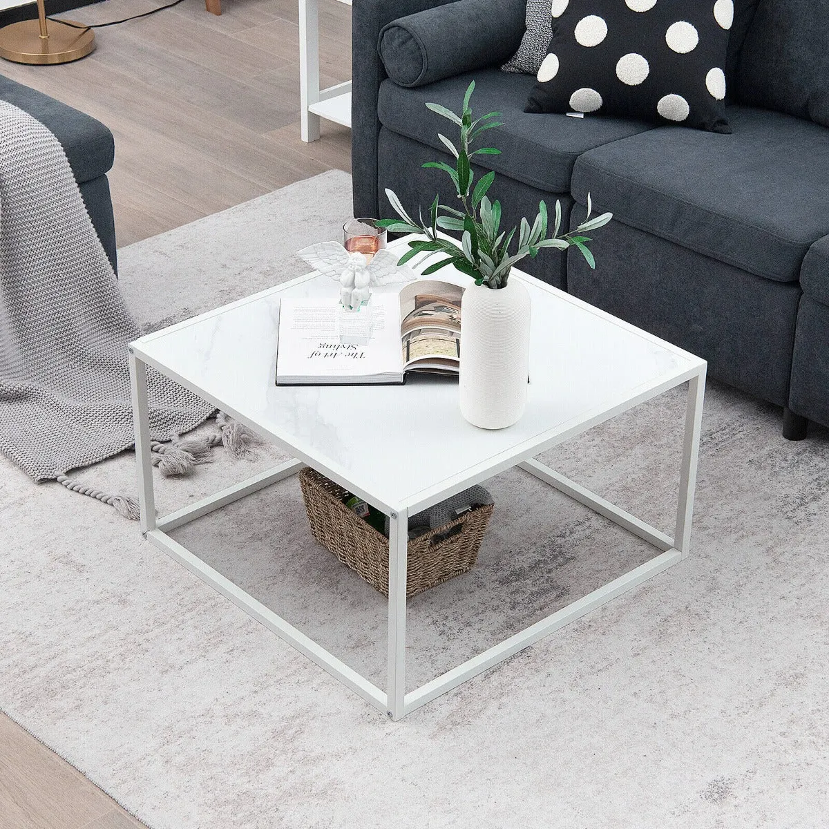 NNECW Modern Square Leisure Coffee Table  with Faux Marble Tabletop-White