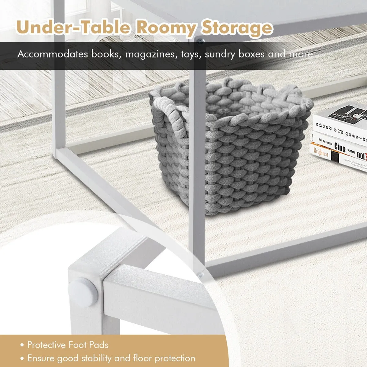 NNECW Modern Square Leisure Coffee Table  with Faux Marble Tabletop-White