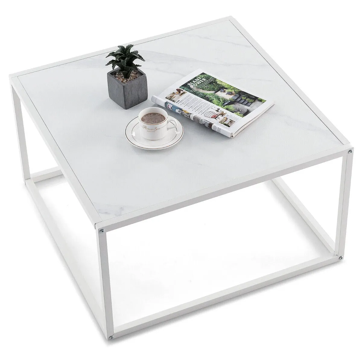NNECW Modern Square Leisure Coffee Table  with Faux Marble Tabletop-White