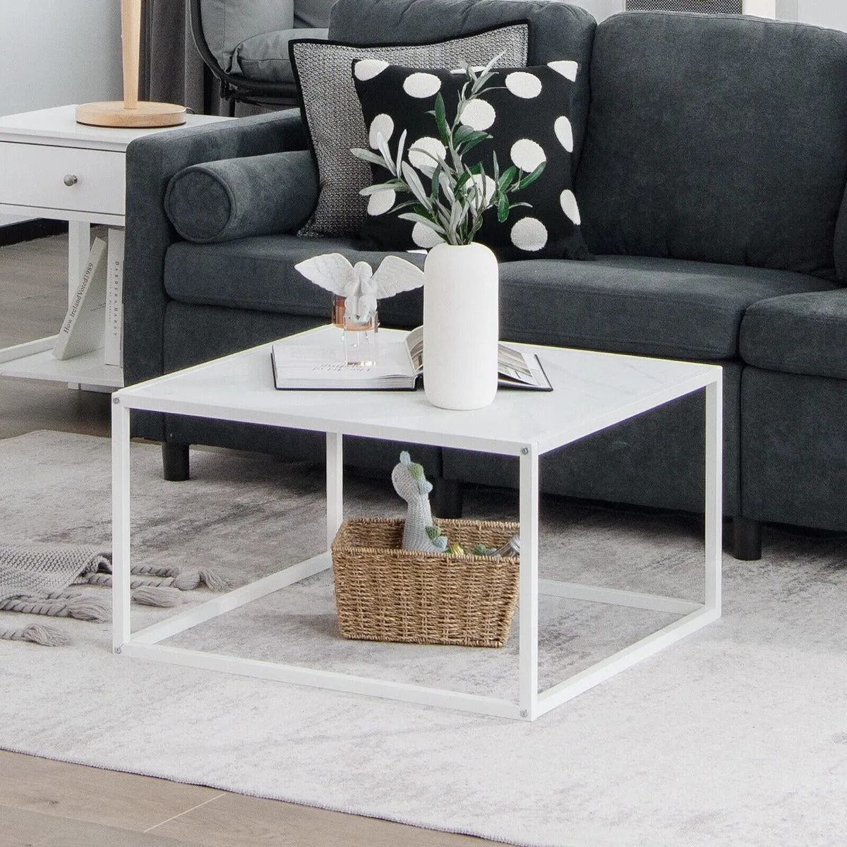 NNECW Modern Square Leisure Coffee Table  with Faux Marble Tabletop-White