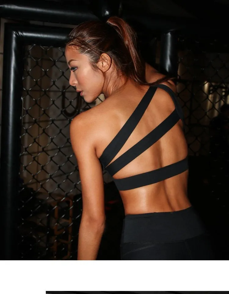 Oblique One Shoulder Strap Ladies Sports Bra Hollow out Back Lines Strenuous Exercise fitness bra Tops