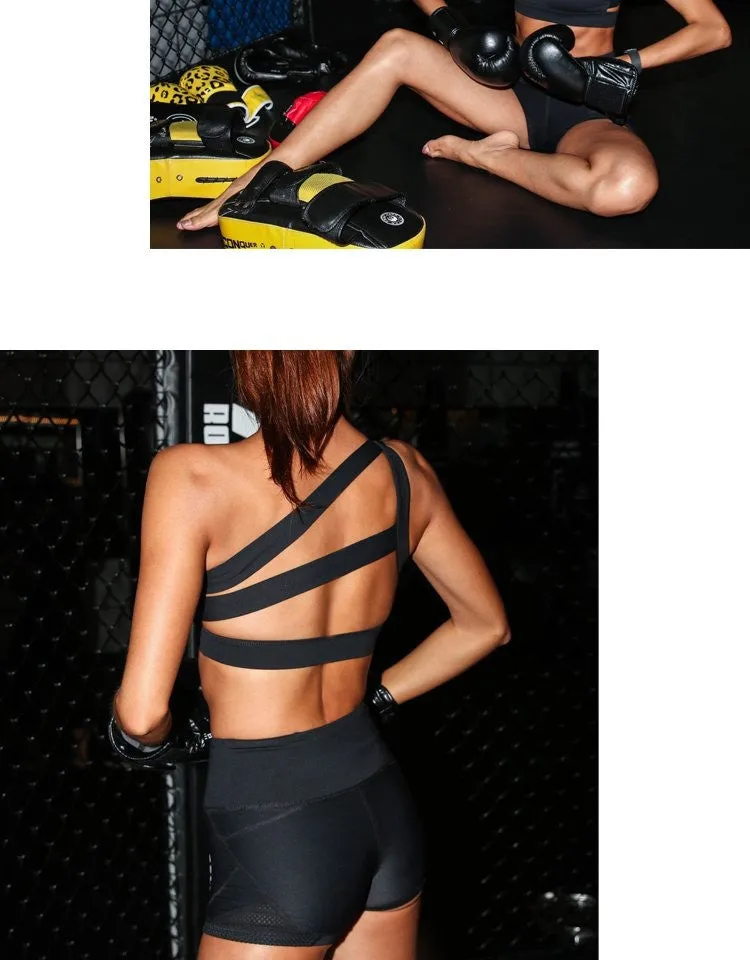 Oblique One Shoulder Strap Ladies Sports Bra Hollow out Back Lines Strenuous Exercise fitness bra Tops