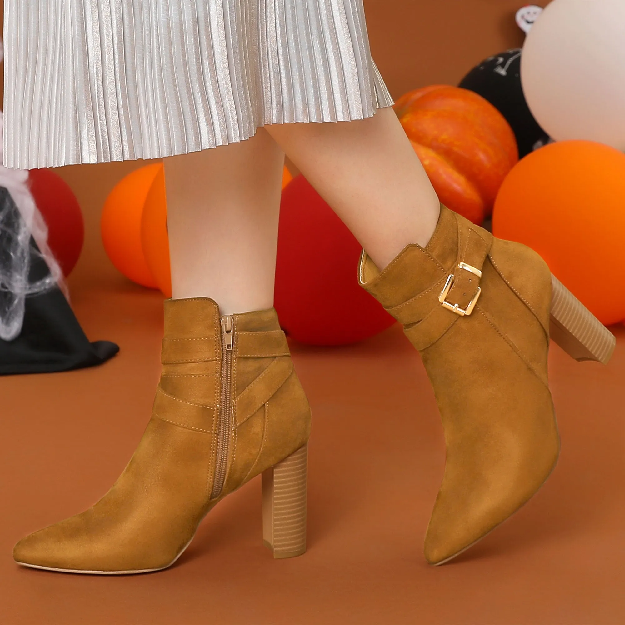 Pointed Toe Buckle Decor Chunky Heel Ankle Boots