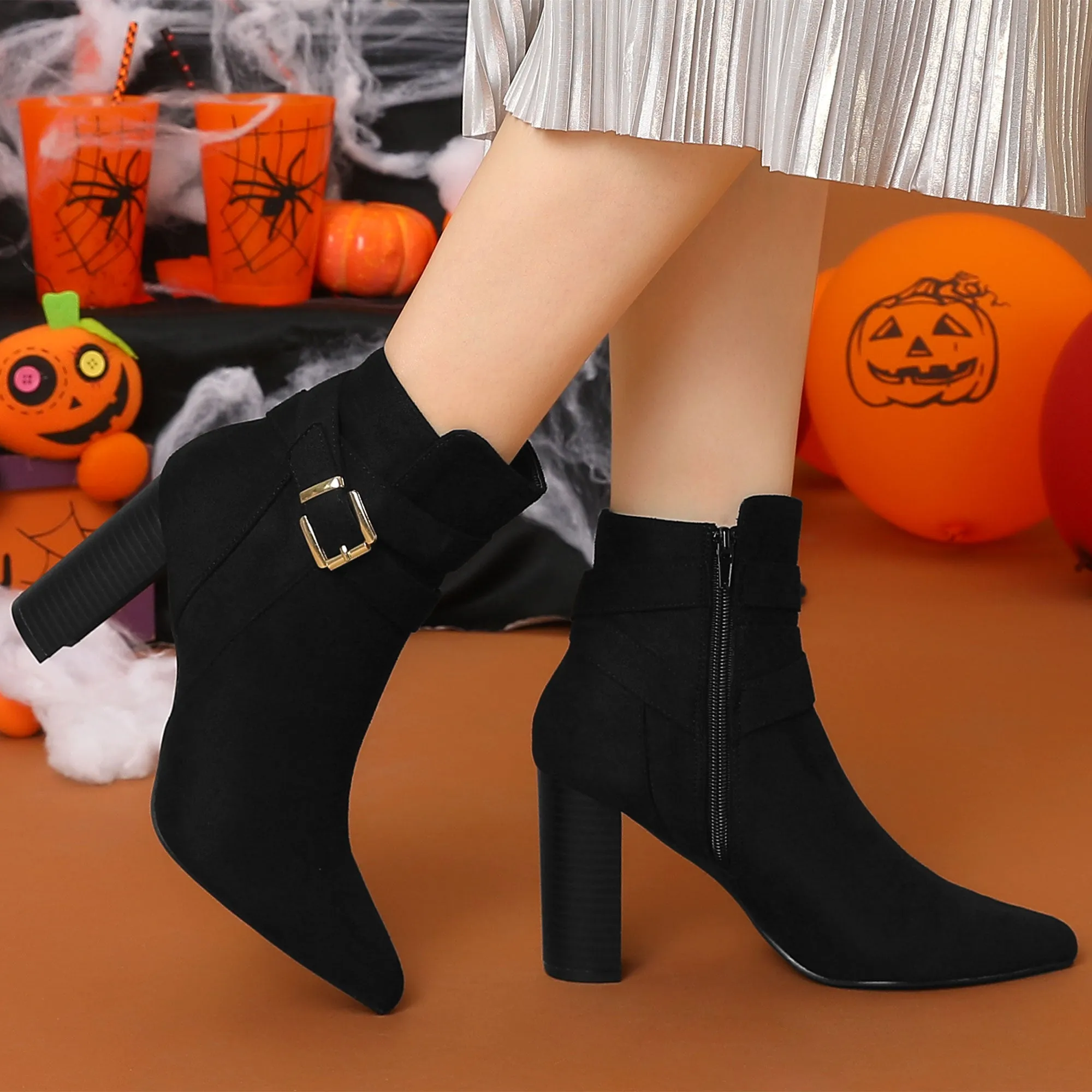Pointed Toe Buckle Decor Chunky Heel Ankle Boots