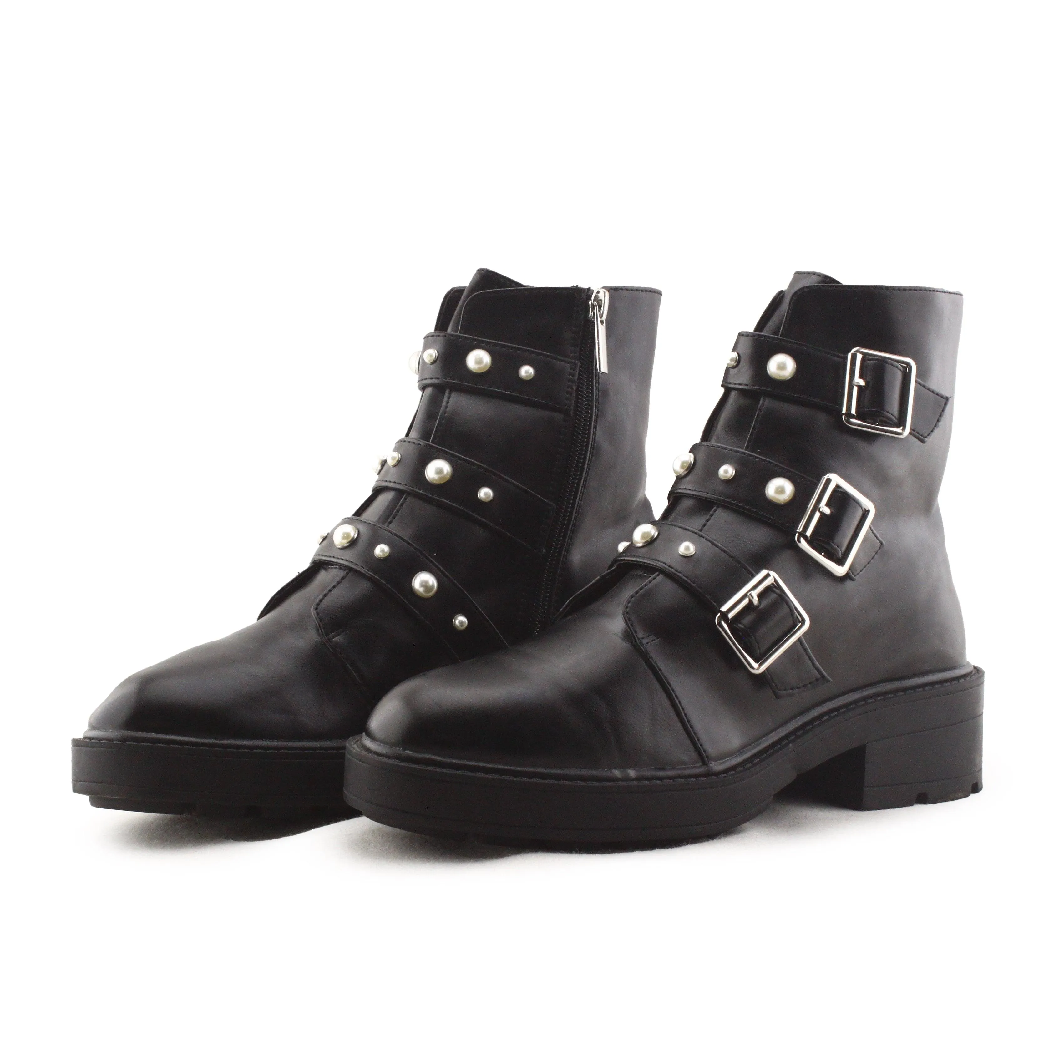 Pull & Bear Biker Buckle Straps Ankle Boots | 100% Authentic Leather