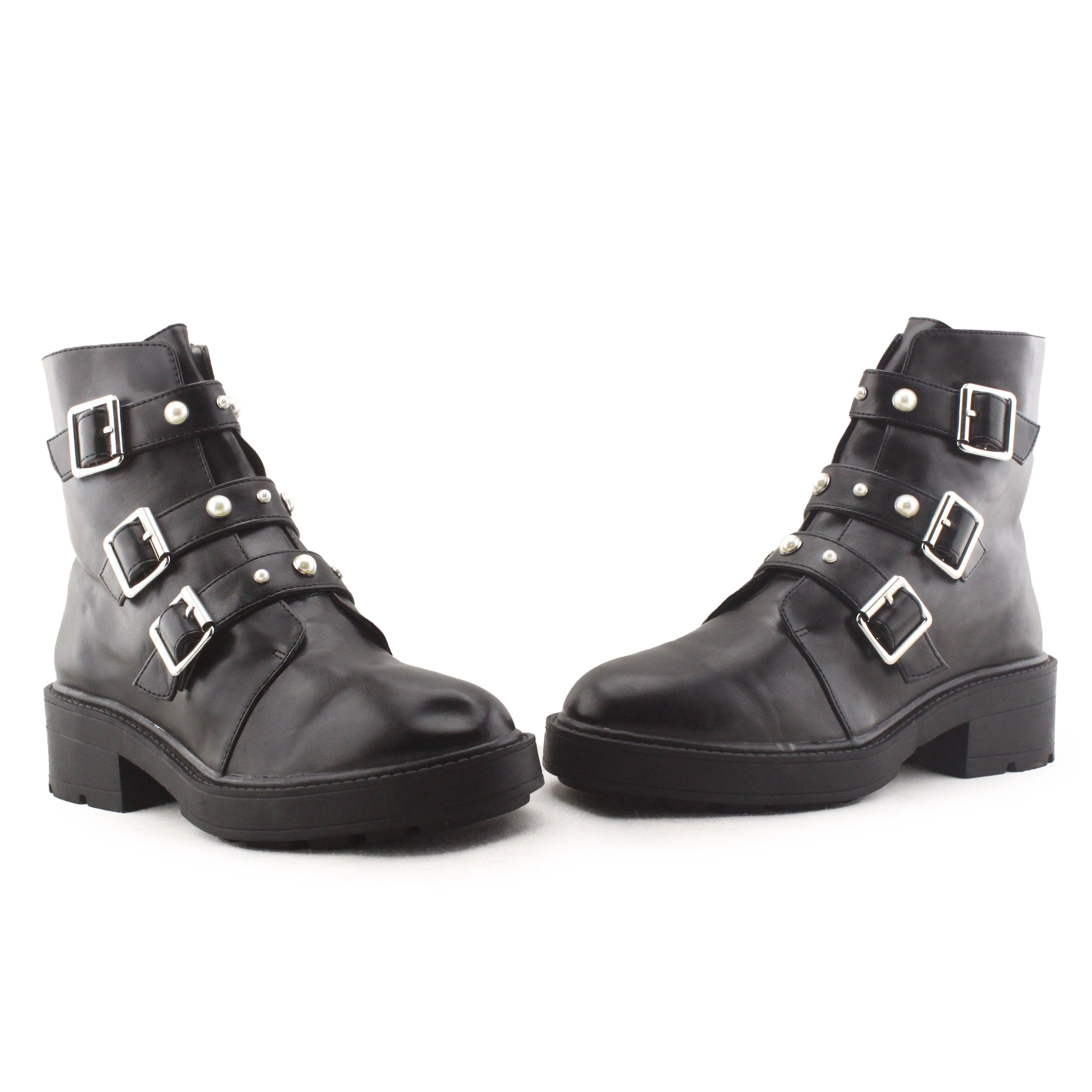 Pull & Bear Biker Buckle Straps Ankle Boots | 100% Authentic Leather
