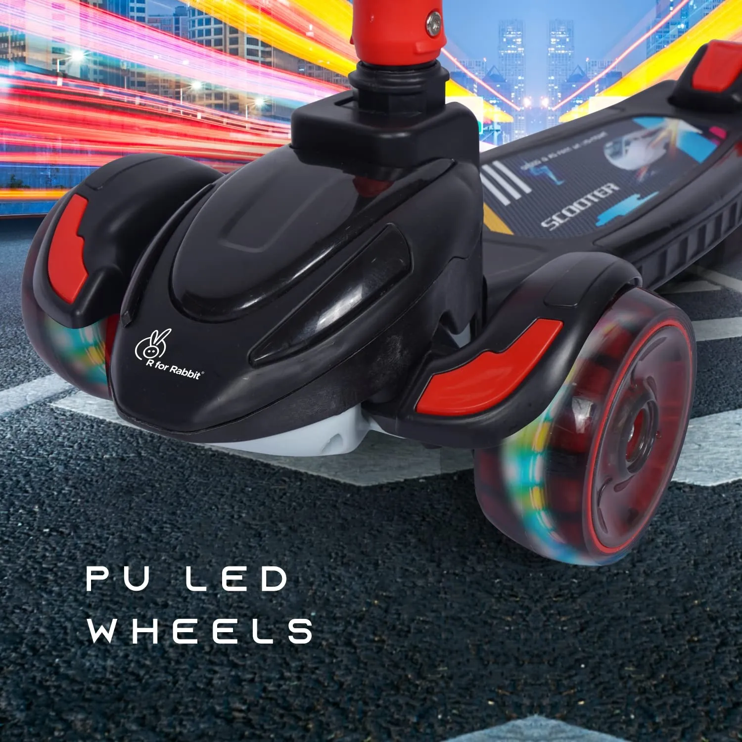 R for Rabbit Road Runner Racer Scooter for 3  Years Kids, Scooter for Kid, 4 Level Height Adjustment, PU LED Wheels & Weight Capacity Upto 75 kg Kick Scooter | 6 Months Warranty | (Pure Black)