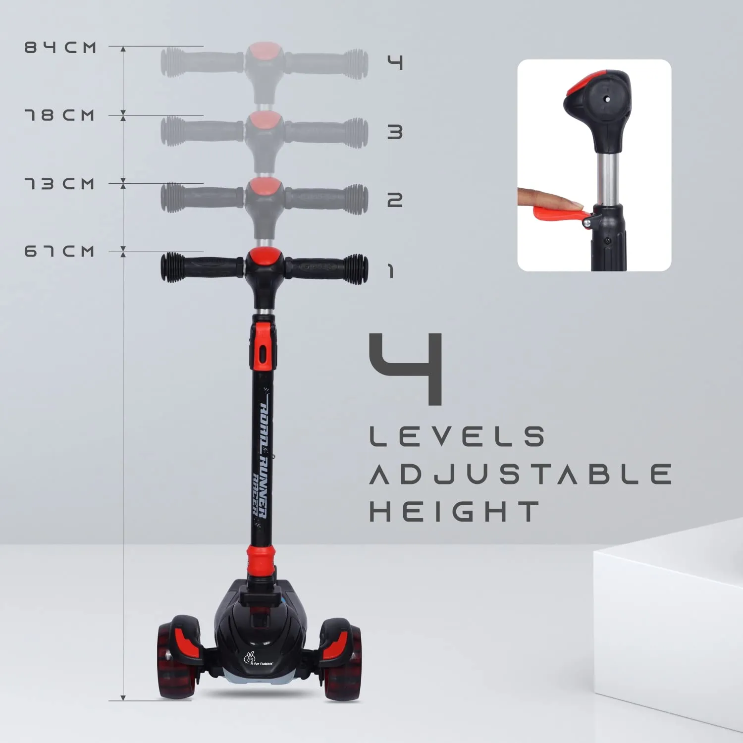 R for Rabbit Road Runner Racer Scooter for 3  Years Kids, Scooter for Kid, 4 Level Height Adjustment, PU LED Wheels & Weight Capacity Upto 75 kg Kick Scooter | 6 Months Warranty | (Pure Black)