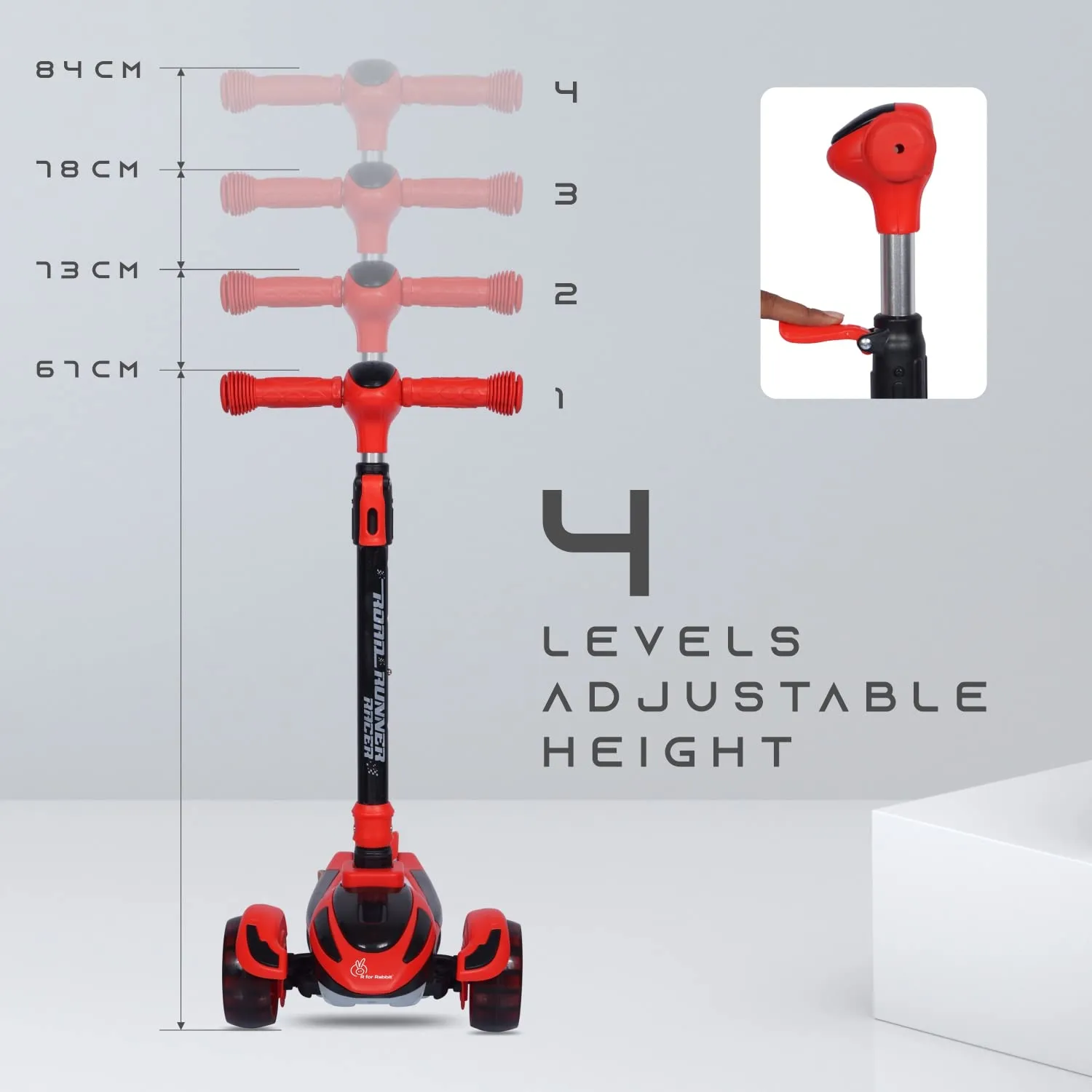 R for Rabbit Road Runner Racer Scooter for Kids of 3  Years Age, 4 Level Height Adjustment Kids Scooter, PU LED Wheels & Weight Capacity Upto 75 kg Kick Scooter | 6 Months Warranty | (Red Black)