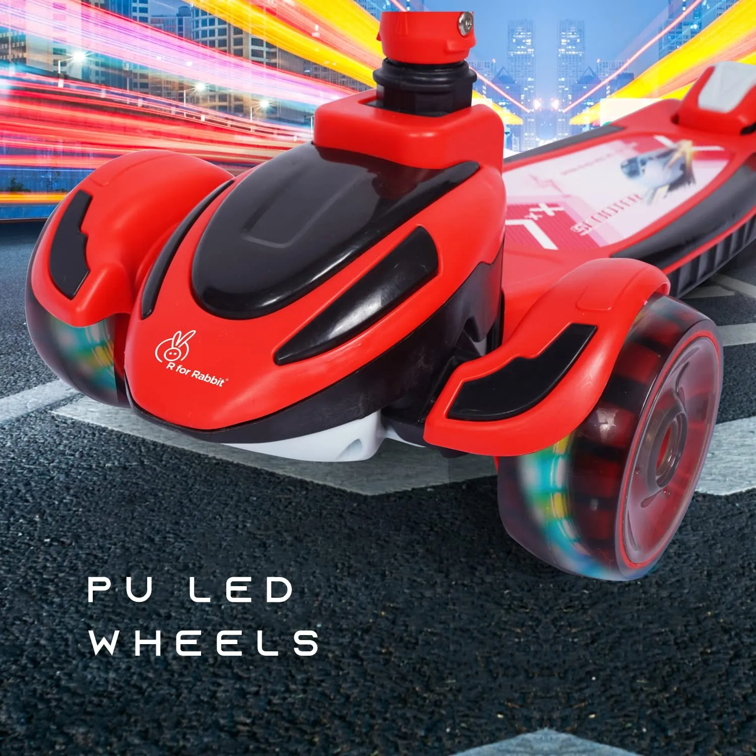 R for Rabbit Road Runner Racer Scooter for Kids of 3  Years Age, 4 Level Height Adjustment Kids Scooter, PU LED Wheels & Weight Capacity Upto 75 kg Kick Scooter | 6 Months Warranty | (Red Black)