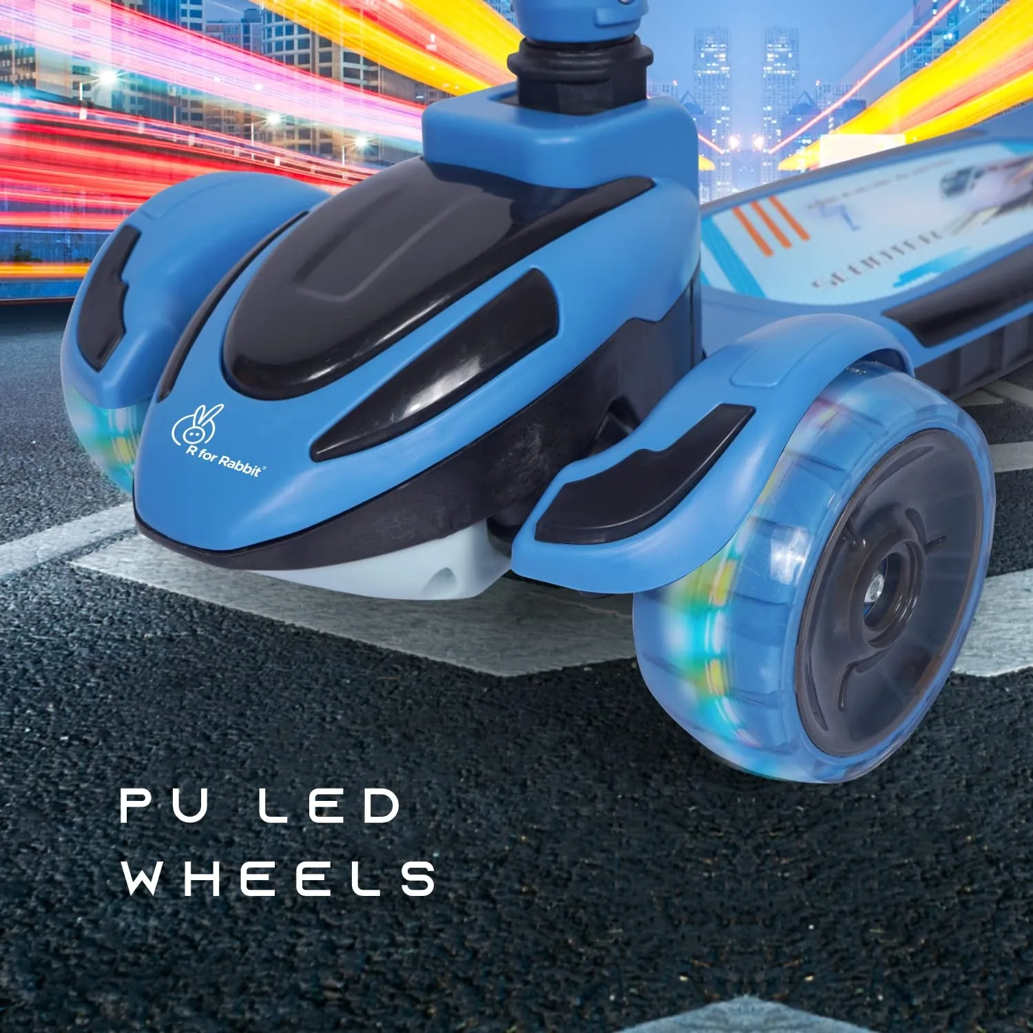 R for Rabbit Road Runner Racer Scooter for Kids of 3  Years Age, 4 Level Height Adjustment Scooter for Kidswar, PU LED Wheels & Weight Capacity Upto 75 kg Kick Scooter(Blue Black)