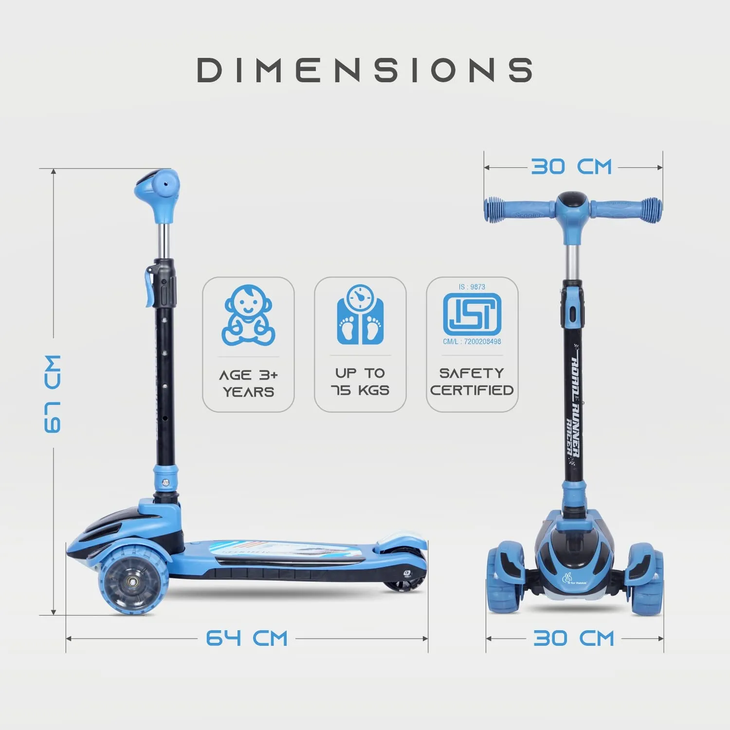 R for Rabbit Road Runner Racer Scooter for Kids of 3  Years Age, 4 Level Height Adjustment Scooter for Kidswar, PU LED Wheels & Weight Capacity Upto 75 kg Kick Scooter(Blue Black)
