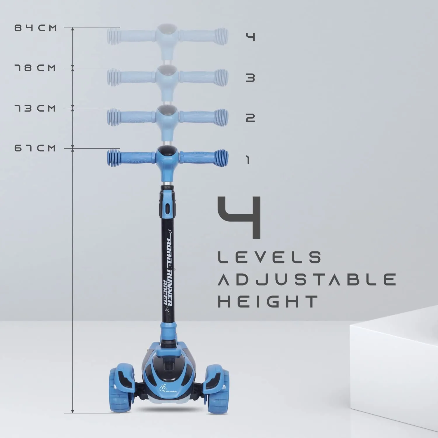 R for Rabbit Road Runner Racer Scooter for Kids of 3  Years Age, 4 Level Height Adjustment Scooter for Kidswar, PU LED Wheels & Weight Capacity Upto 75 kg Kick Scooter(Blue Black)