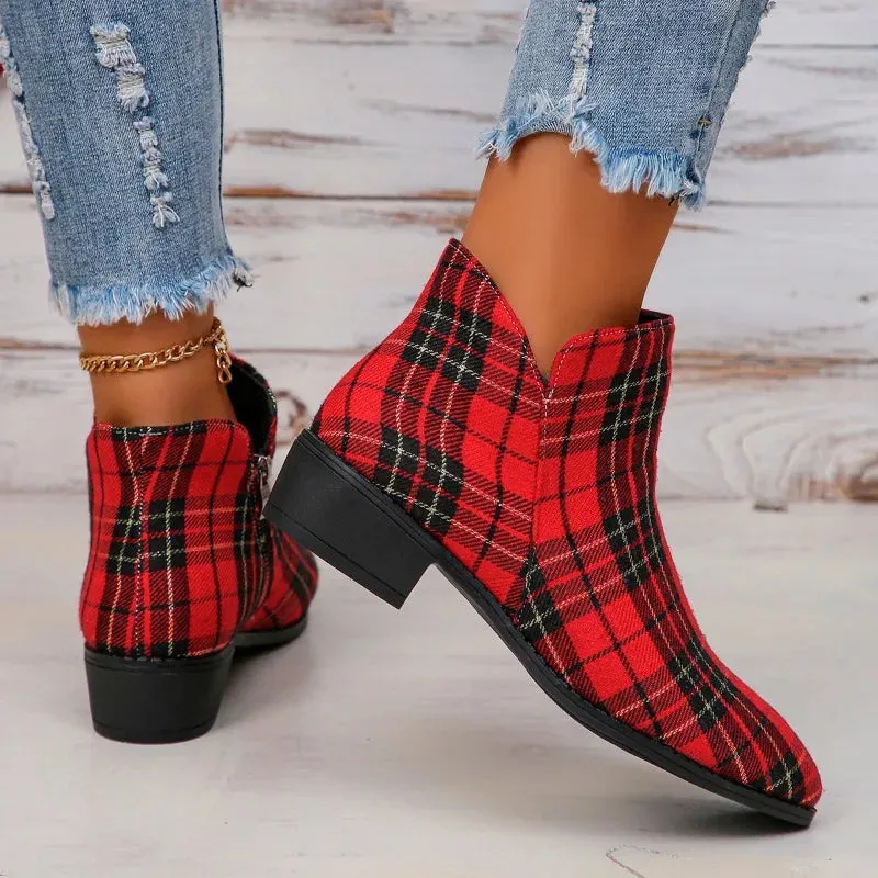 Red Plaid Ankle Boots