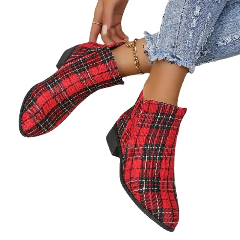 Red Plaid Ankle Boots