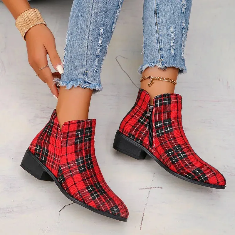 Red Plaid Ankle Boots