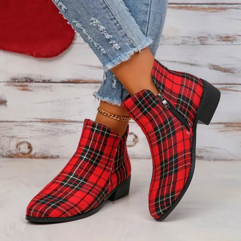 Red Plaid Ankle Boots