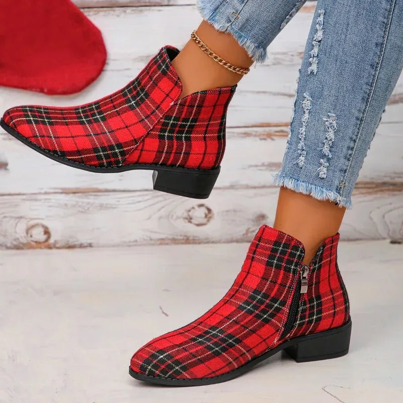 Red Plaid Ankle Boots